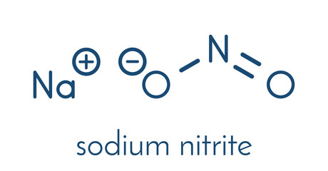 Sodium nitrite, chemical structure. Used as drug, food additive (E250), etc. Skeletal formula.
