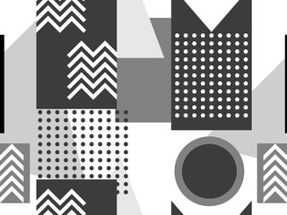 Motif harmonieux de Memphis, formes géométriques noires et blanches dans le style des années 80. Points et lignes pointillées. Illustration vectorielle