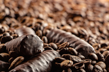 Chocolate pieces and coffee beans close up