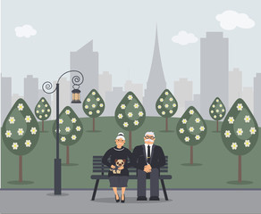 Happy family seniors: cute smiling elderly man and woman with pug are sitting on bench in park. Retired elderly couple in love.Trees, cityscape and ancient lantern.Vector flat illustration