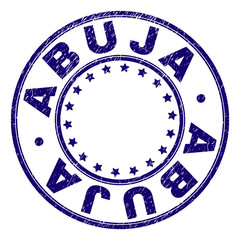 ABUJA stamp seal watermark with grunge texture. Designed with circles and stars. Blue vector rubber print of ABUJA caption with dust texture.