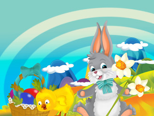 cartoon happy easter rabbit and little chicken with beautiful flowers and easter basket full of eggs on nature spring background - illustration for children