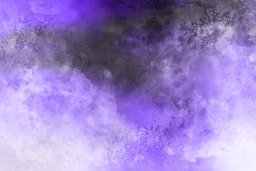 Violet ink and watercolor textures on white paper background. Paint leaks and ombre effects. Hand painted abstract image.