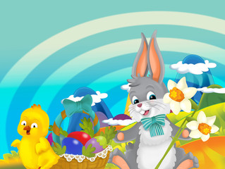 cartoon happy easter rabbit and little chicken with beautiful flowers and easter basket full of eggs on nature spring background - illustration for children