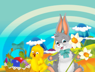 cartoon happy easter rabbit and little chicken with beautiful flowers and easter basket full of eggs on nature spring background - illustration for children