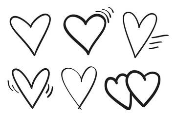 Hand drawn grunge hearts on isolated white background. Set of love signs. Unique image for design. Black and white illustration. Elements for design