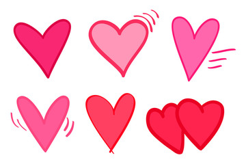 Colorful hearts on isolated white background. Hand drawn set of love signs. Unique abstract image for design. Line art creation. Colored illustration. Elements for poster or flyer