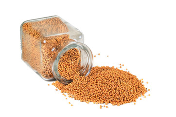 Spice, mustard. Mustard seeds, in a jar for spices on a white background. Isolated, closeup.