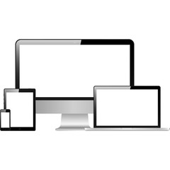 Set of realistic computer monitor, laptop, tablet and mobile phone. Isolated on white background vector illustration