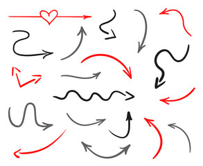 Infographic elements on isolated white background. Hand drawn simple arrows. Line art. Set of different pointers. Abstract indicators. Doodles for artwork