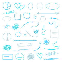 Colorful infographic elements isolated on white. Set of different indicator signs. Sketchy elements. Hand drawn frames and arrows. Abstract frameworks. Line art. Colored illustration