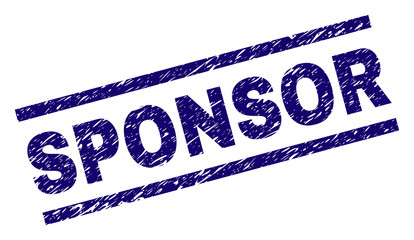 SPONSOR seal print with grunge style. Blue vector rubber print of SPONSOR text with dust texture. Text caption is placed between parallel lines.