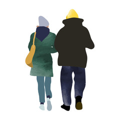 watercolor people illustration. architecture model people. street fashion. couple walking on the street in winter.