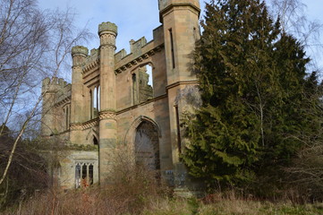 The striking ruins of Crawford Priory, Springfield, Cupar, Fife, extended in early 19th century.