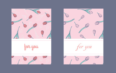 Flat vertical packaging or postcard design template with hand drawn tulips. Ink sketch of  spring flowers. Packaging design in pale tender colors.