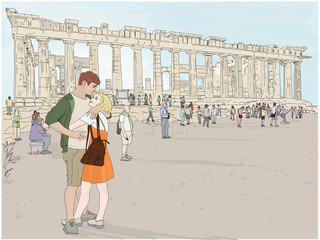 Hand drawn illustration. A beautiful couple embraces while enjoying a romantic vacation in Athens, Greece, at the ancient Acropolis, with the iconic Parthenon in the background.