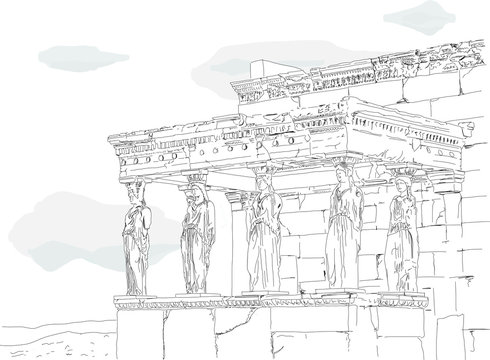 Hand drawn illustration, The beautiful Caryatid Porch with sculpture pillars as part of the ancient Erechtheion temple in the Acropolis in Athens, Greece. Classical architecture.