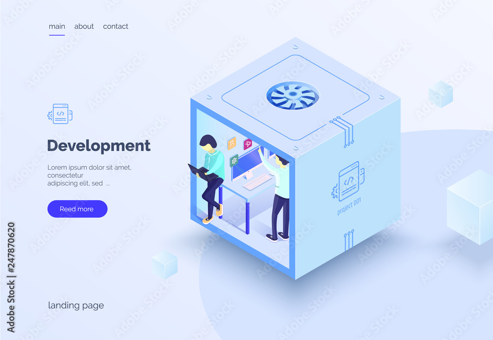 Aufkleber web application development. teamwork. a group of people in the work process. landing page. vector i