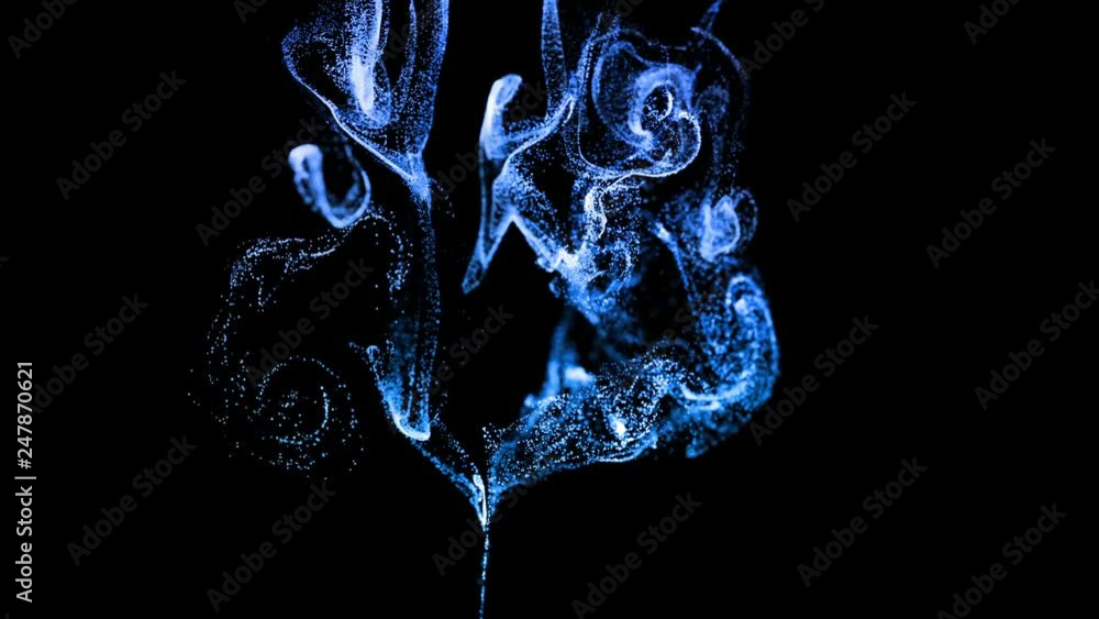 Poster 3d ink effect advection in 4k. glitter in stream of invisible ink in water. 3d render with depth of 