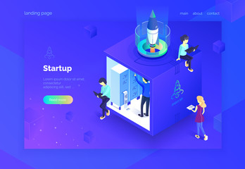 Startup A group of people working on the launch of a new project. Teamwork. A group of people in the work process. Landing page. Vector illustration of an isometric style on an ultraviolet background.