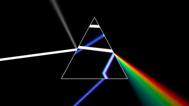 Prism separating a ray of light into the seven colors of the spectrum. Light source rotates, giving beautiful rainbow effects.