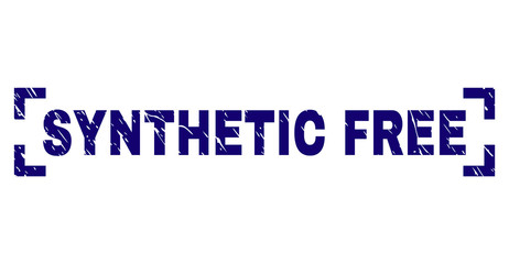 SYNTHETIC FREE text seal print with corroded texture. Text tag is placed inside corners. Blue vector rubber print of SYNTHETIC FREE with corroded texture.