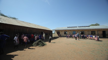Big group of African children in uniform standing outside, near the school.