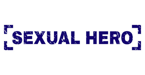 SEXUAL HERO text seal print with grunge texture. Text tag is placed inside corners. Blue vector rubber print of SEXUAL HERO with dust texture.