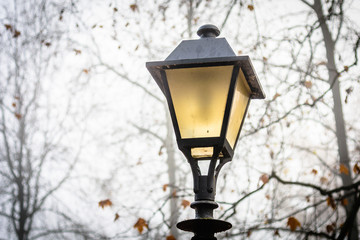 Fototapeta na wymiar Old lamp with a beautiful foliage background in the autumn.