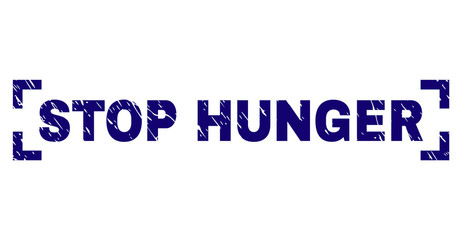 STOP HUNGER text seal print with grunge texture. Text tag is placed inside corners. Blue vector rubber print of STOP HUNGER with retro texture.