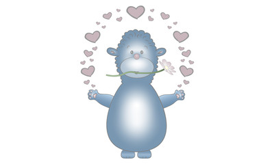 cute vector made illustration design of blue fantasy animal creature, with flower and hearts, isolated on white background