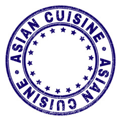 ASIAN CUISINE stamp seal imprint with grunge texture. Designed with round shapes and stars. Blue vector rubber print of ASIAN CUISINE label with unclean texture.