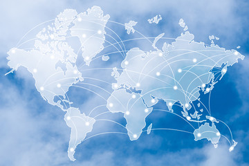 Double exposure of world map and global network or wireless communication network above sweet...