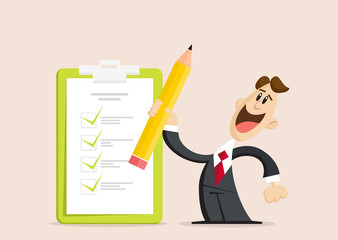 Happy Businessman holding pencil at big complete checklist with tick marks. Business organization and achievements of goals Check list with tick mark, businessman with questionnaire 