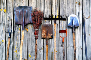 Garden tools (rakes, shovels, hillocks, forks) stand against a wall of wooden planks.