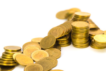 Columns of coins, piles of coins on white background, business and financial concept.