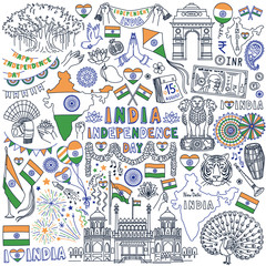 Independence Day of Republic of India doodle set. Traditional national symbols of Indian culture, flags and map. Hand drawn vector illustration isolated on white background. 