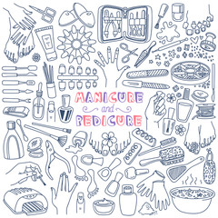 Manicure and pedicure hand drawn doodle set. Nail art and beauty salon tools and equipment. Vector illustration isolated on white background.