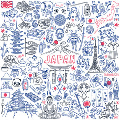 Fototapeta premium Zestaw doodle tradycyjnych symboli Japonii, żywności i zabytków. Ręcznie rysowane ilustracji wektorowych na białym tle. Japońskie znaki na butelce tłumaczenie: sake.
