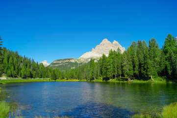 Mountain lake landscape with moutains and forest on the background