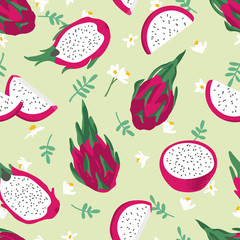 Vector summer pattern with dragon fruit (pitaya), flowers and leaves. Seamless texture design.