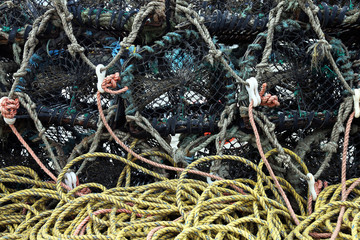 Close up of commercial fishing lobster pots and rope