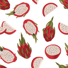 Vector summer pattern with dragon fruit (pitaya), flowers and leaves. Seamless texture design.