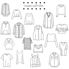 Vector illustration of black and white set of shirts, sweaters, sweaters