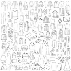 Vector illustration of a black and white pattern set of clothes - outerwear, shoes, accessories.