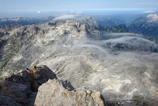 View of mountain peaks, descent from Triglav towards Koca na Dolicu Hut, Triglav National Park, Julian Alps, Slovenia, Europe
