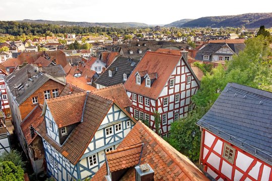 View over red roofs, half-timbered houses in the old town, Marburg an der Lahn, Hesse, Germany, Europe