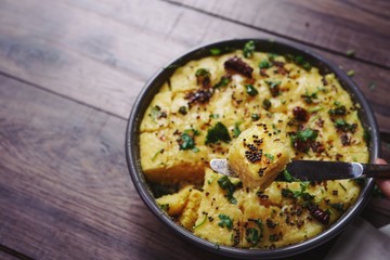 Homemade dhokla - steamed Chickpea flour cake from Gujarat, India