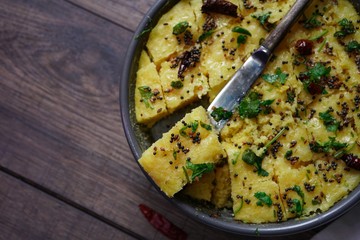 Homemade dhokla - steamed Chickpea flour cake from Gujarat, India