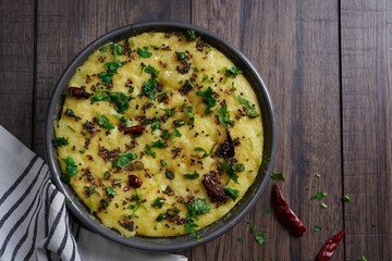 Homemade dhokla - steamed Chickpea flour cake from Gujarat, India